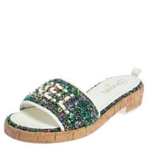 مملوكة مسبقًا Chanel Multicolor Tweed And Leather Slide Sandals Size 39.5