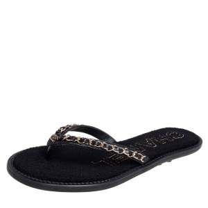 مملوكة مسبقًا Chanel Black Leather Chain Link Flip Flop Flats Size 38