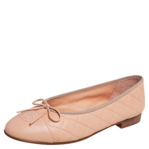 مملوكة مسبقًا Chanel Beige Quilted Leather CC Cap Toe Bow Flats Size 38