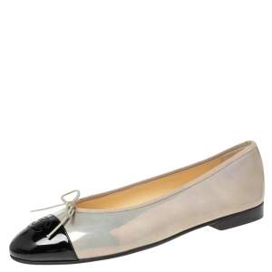 مملوكة مسبقًا Chanel /Grey/Black Iridescent Patent Leather CC Bow Cap Toe Ballet Flats Size 41