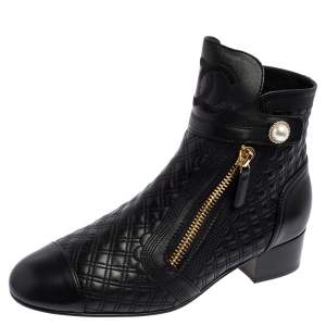 Chanel Black Quilted Leather Pearl Embellished Ankle Boots Size 39.5