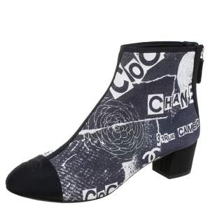 Chanel Multicolor Logo Printed Suede and Fabric CC Cap Toe Ankle Boots Size 37