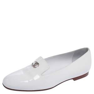 Pre Owned Chanel White Patent Leather CC Smoking Slippers Size 39