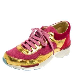 Pre Owned Chanel Pink/Gold Tweed and Leather CC Sneakers Size 36