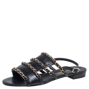 مملوكة مسبقًا Chanel Black Leather Chain CC Flat Sandals Size 36.5