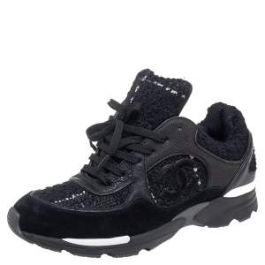 Pre Owned Chanel Black Leather and Suede CC Logo Lace Up Sneakers Size 39