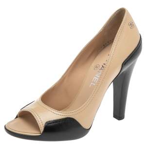 Chanel Two Tone Leather Open Toe CC Pumps Size 38