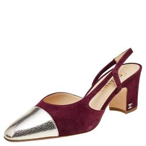 Pre Owned صندل شانيل جلد فضي ميتاليك وسويدي عنابي بحزام للكاحل مقاس 39.5