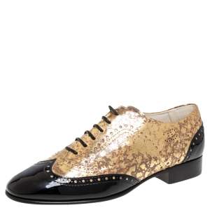 Pre Owned Chanel Metallic Gold/Black Patent Leather  Brogue Lace-Up Oxford  Size 40