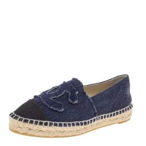 Pre Owned Chanel Navy Blue/Black Canvas CC Cap-Toe Flat Espadrilles Size 37