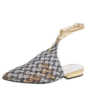 Chanel Black/Grey Sequin And Lace Ankle Wrap Mules Sandals  Size 38.5