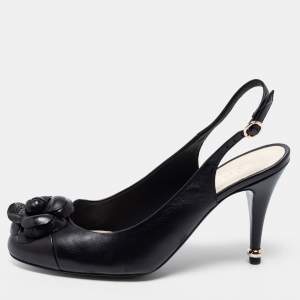 Chanel Black Leather Camellia Slingback Sandals Size 38
