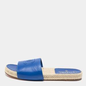 Pre Owned Chanel Blue Leather CC Logo Flat Espadrille Slides Size 40