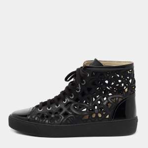 Pre Owned Chanel Black Patent and Floral Laser Cut Leather CC High-Top Sneakers Size 42