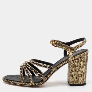 Pre Owned Chanel Black Leather Chain Strappy Ankle Strap Sandals Size 42