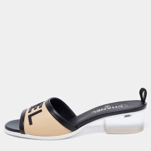 Pre Owned Chanel Beige/Black Leather Logo Slide Sandals Size 40.5