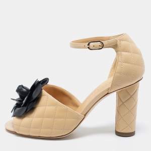 مملوكة مسبقًا Chanel Beige Quilted  Leather Camelia  Ankle Strap Sandals  Size 37.5