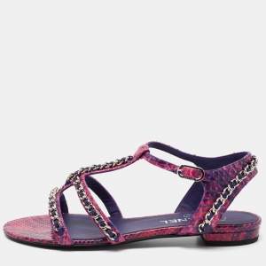 Chanel Purple/Pink Python Chain Detail Strappy Flat Sandals Size 39.5