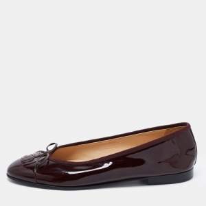 Pre Owned Chanel Burgundy Patent Leather CC Ballet Flats Size 39.5