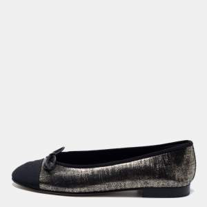 مملوكة مسبقًا Chanel Metallic Bronze/Black Leather and Canvas Ballet Flats Size 37.5