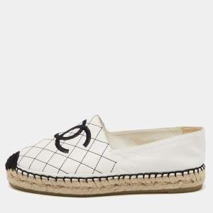 Pre Owned Chanel White/Black Quilted Leather CC Espadrille Flats Size 36
