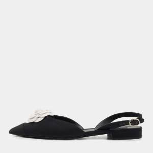 Chanel Black Quilted Canvas CC Camelia Slingback Flats Size 39