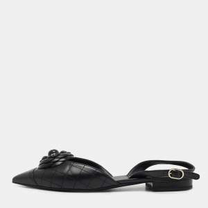 Chanel Black Quilted Leather CC Camelia Slingback Flats Size 39