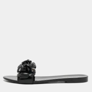 Chanel Black Rubber CC Camellia Flat Slides Size 39