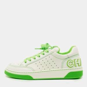 Chanel White/Neon Green Leather 22P Trainer Sneakers Size 38.5
