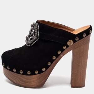 Chanel Black Suede Embellished Wooden Clogs Size 40