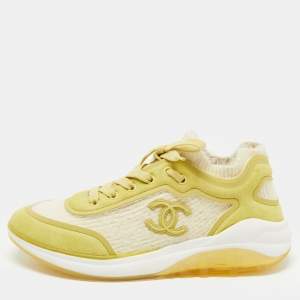 Chanel Green/Beige Suede, Leather and Knit Fabric CC Low Top Sneakers Size 39