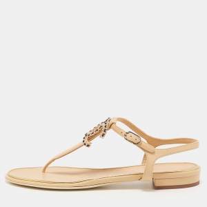 Pre Owned Chanel Beige Leather CC Thong Flat Sandals Size 39