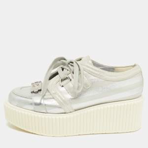 Pre Owned Chanel Silver Leather and Suede Platform Low Top Sneakers Size 38.5
