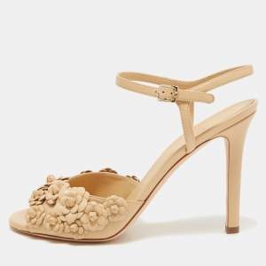 Chanel Beige Leather Camelia Ankle Strap Sandals Size 39