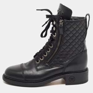 Chanel Black Leather Interlocking CC Logo Combat Boots Size 38
