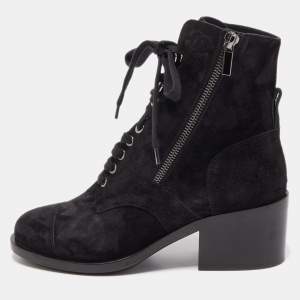 Chanel Black Suede Lace Up Ankle Boots Size 38.5