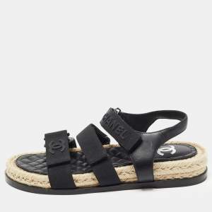Chanel Black Leather and Canvas Dad Slingback Sandals Size 38