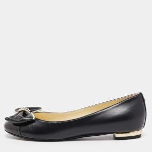 Chanel Black Leather Pearl Embellished Bow CC Cap Toe Ballet Flats Size 37