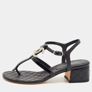 Pre Owned Chanel Black Patent Leather Embellished CC Ankle Strap Block Heel Sandals Size 37