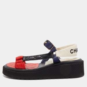 Pre Owned Chanel Multicolor Quilted Leather CC Sandals Size 37.5