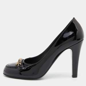 Chanel Black Patent Leather Chain Detail Cap Toe Pumps Size 39