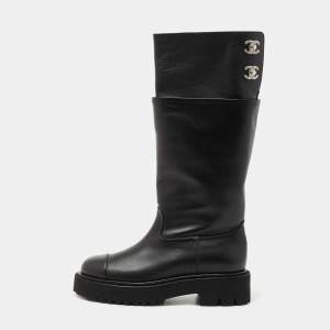 Chanel Black Leather CC Crystal Embellished Knee Length Boots Size 38