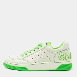Chanel White/Green Leather Logo Sneakers Size 38.5
