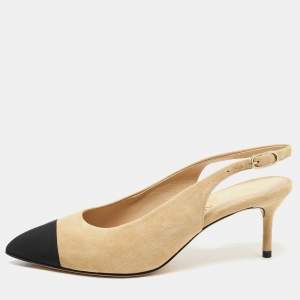 Pre Owned Chanel Beige/Black Suede and Canvas CC Slingback Pumps Size 38