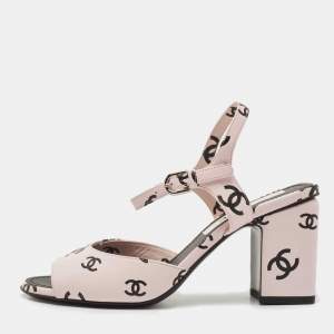 Chanel Pink/Black CC Print Leather Ankle Strap Sandals Size 37
