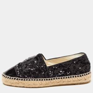 Chanel Black Patent And Sequin CC Cap Toe Espadrille Flats Size 39
