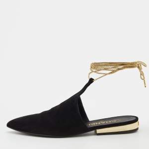 Pre Owned Chanel Black Suede Ankle Tie Flat Mules Size 37
