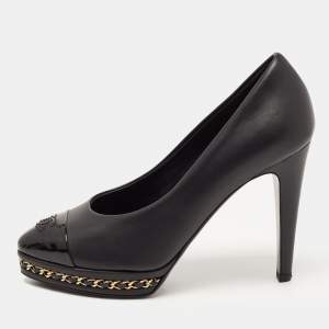 Chanel Black Leather CC Cap Toe Pumps Size 35