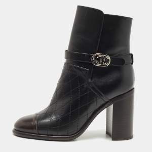 Chanel Black Quilted Leather CC Cap Block Heel Mid Calf Booties Size 37.5