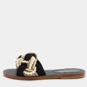Pre Owned Chanel Multicolor Jute and Cotton Blend Pearl Flat Slides Size 39